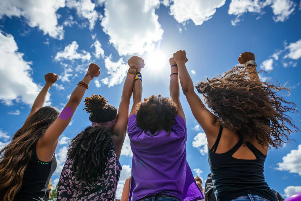 Quatro jovens com as mãos dadas a estender para o céu